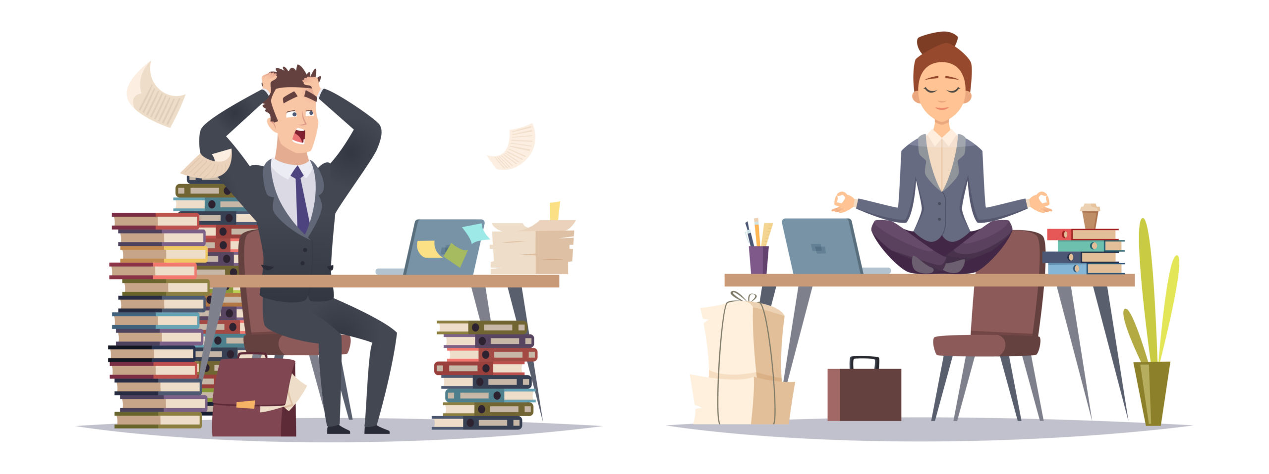 Deadline panicked businessman and organized business woman. Two type of businesspeople vector concept